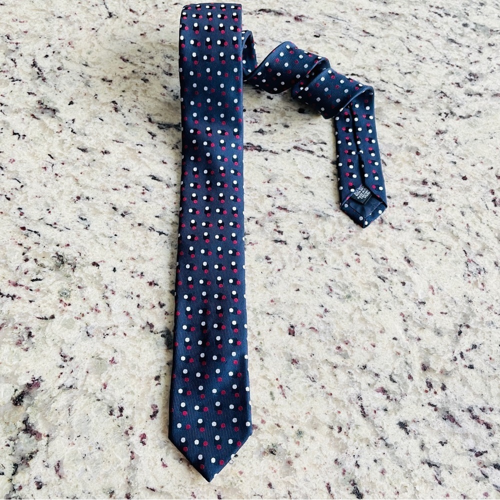 Hugo Boss Red White Black Polka Dot Skinny Silk Blue Tie